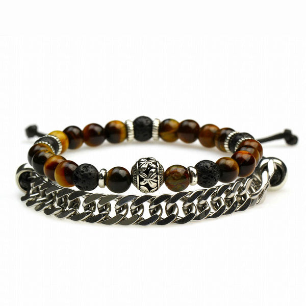 TCC™ Tiger Eye & Volcanic Lava Stone Stainless Steel Pair Bracelet
